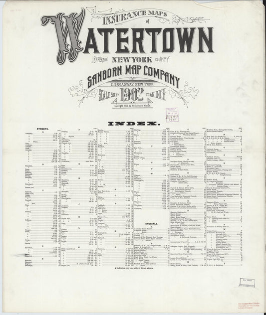Sanborn Fire Insurance Map from Watertown, Jefferson County, New York (1902), Sheet #0001 - Historic Sanborn Fire Insurance Map Print, vintage old map wall art, antique decor, genealogy gift, New York New York map