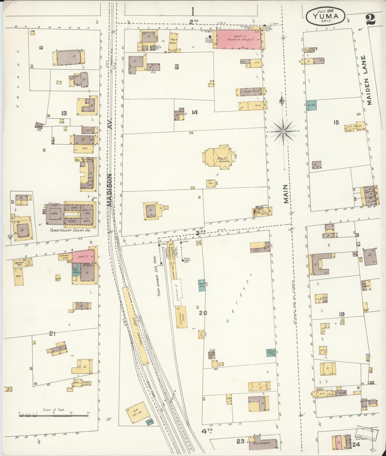 Sanborn Fire Insurance Map from Yuma, Yuma County, Arizona (1896), Sheet #0002 - Historic Sanborn Fire Insurance Map Print, vintage old map wall art, antique decor, genealogy gift, Arizona Arizona map
