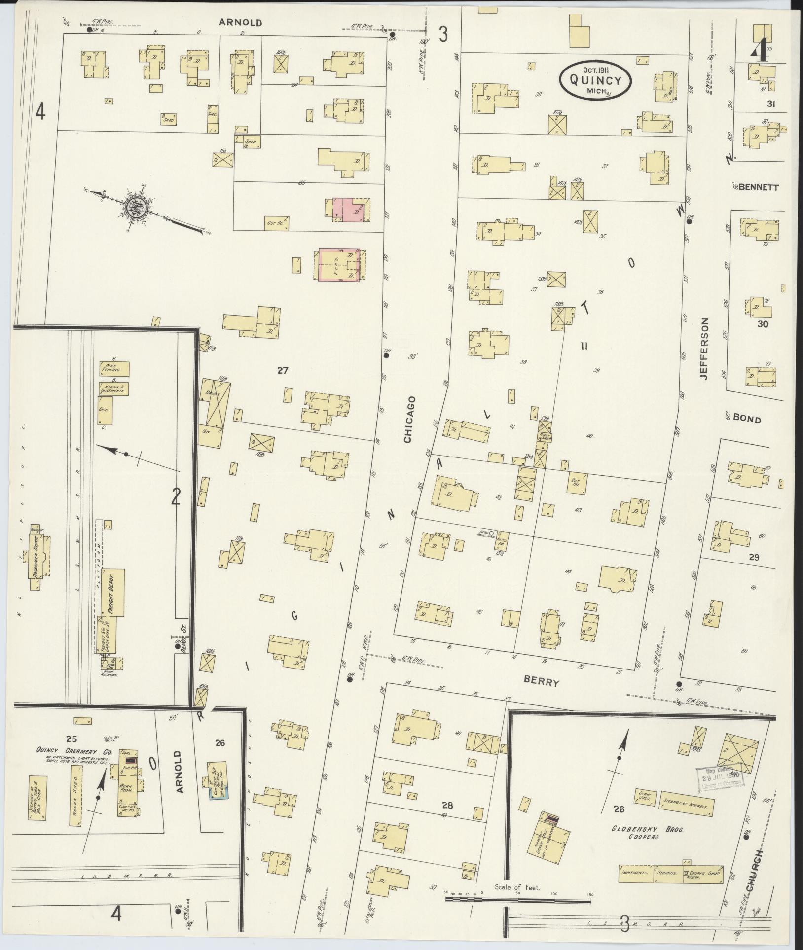 Sanborn Fire Insurance Map from Quincy, Branch County, Michigan (1911), Sheet #0004 - Complete Map Set gallery image, historic Sanborn map, vintage wall art, Michigan Michigan