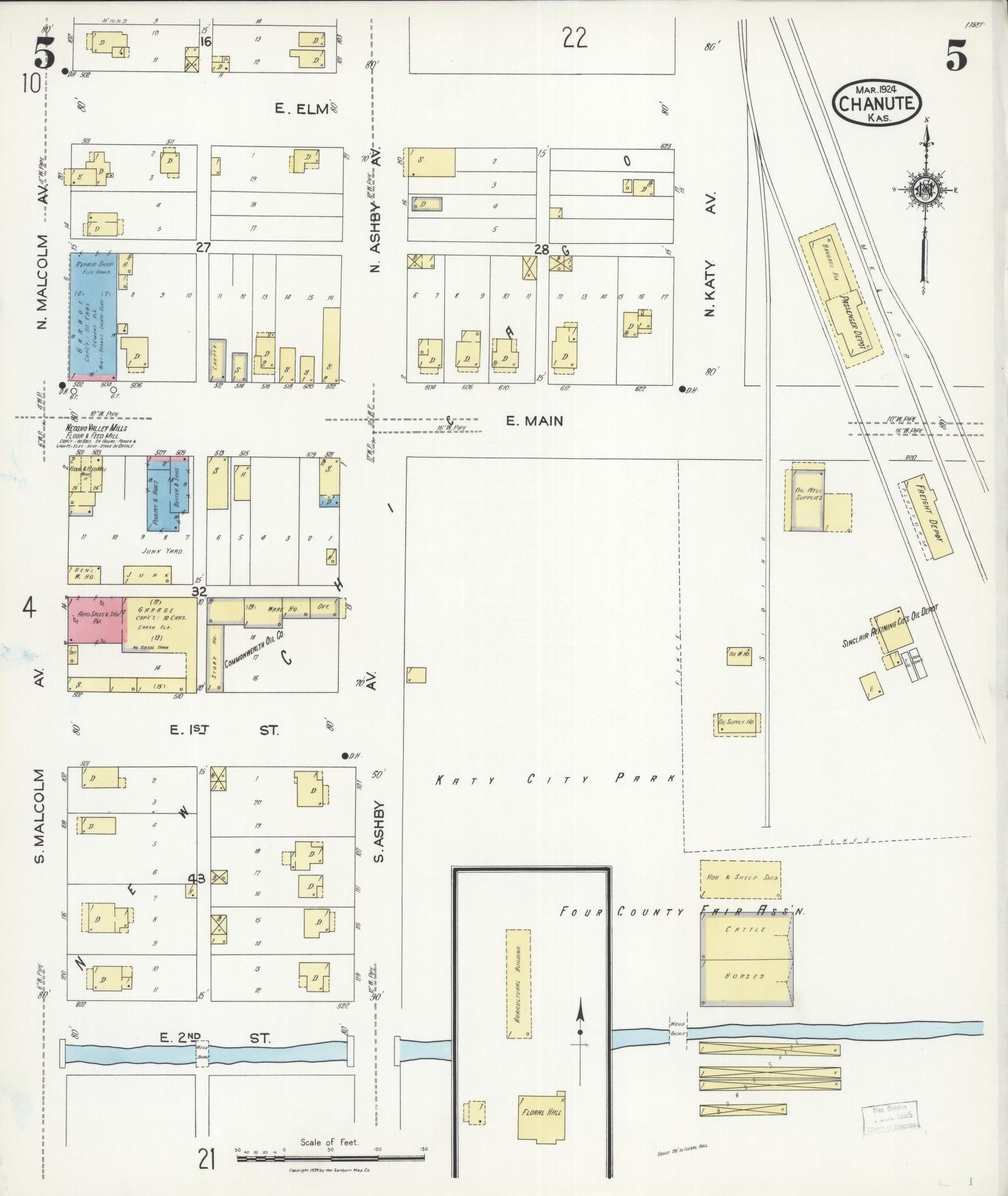 Sanborn Fire Insurance Map from Chanute, Neosho County, Kansas (1924), Sheet #0005 - Complete Map Set gallery image, historic Sanborn map, vintage wall art, Kansas Kansas