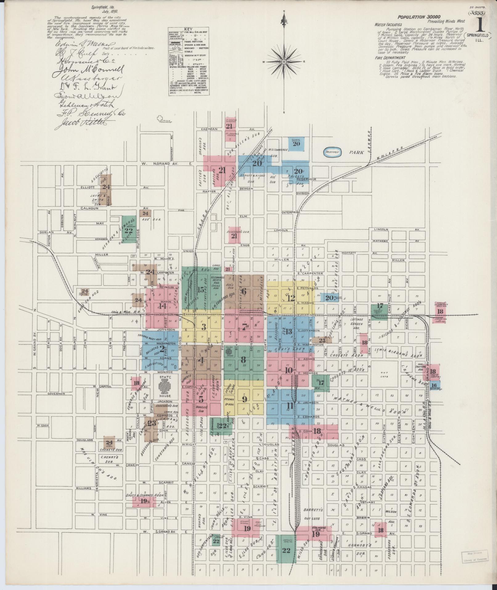 Sanborn Fire Insurance Map from Springfield, Sangamon County, Illinois (1890), Sheet #0001 - Complete Map Set gallery image, historic Sanborn map, vintage wall art, Illinois Illinois