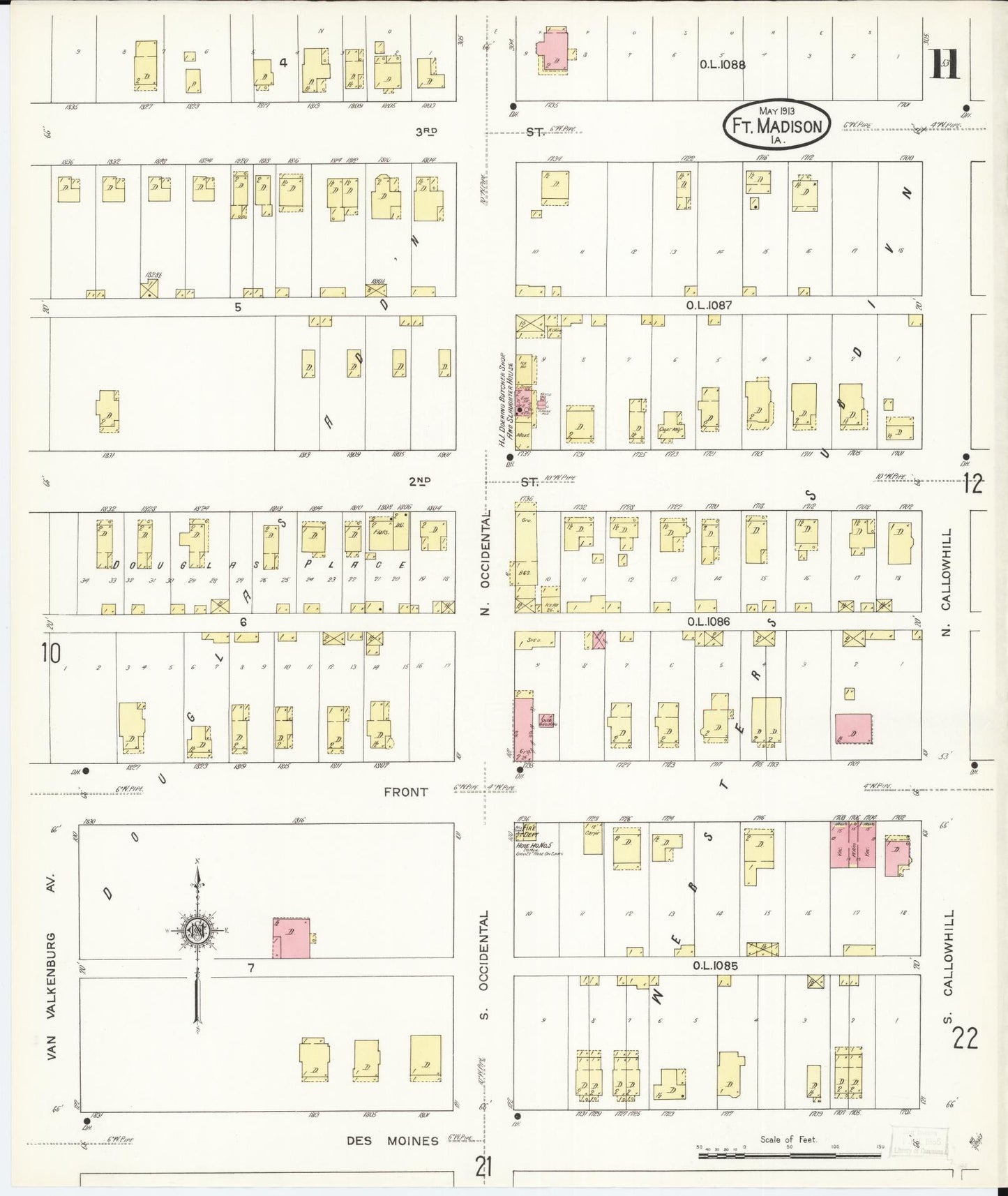 Sanborn Fire Insurance Map from Fort Madison, Lee County, Iowa (1913), Sheet #0011 - Historic Sanborn Fire Insurance Map Print, vintage old map wall art