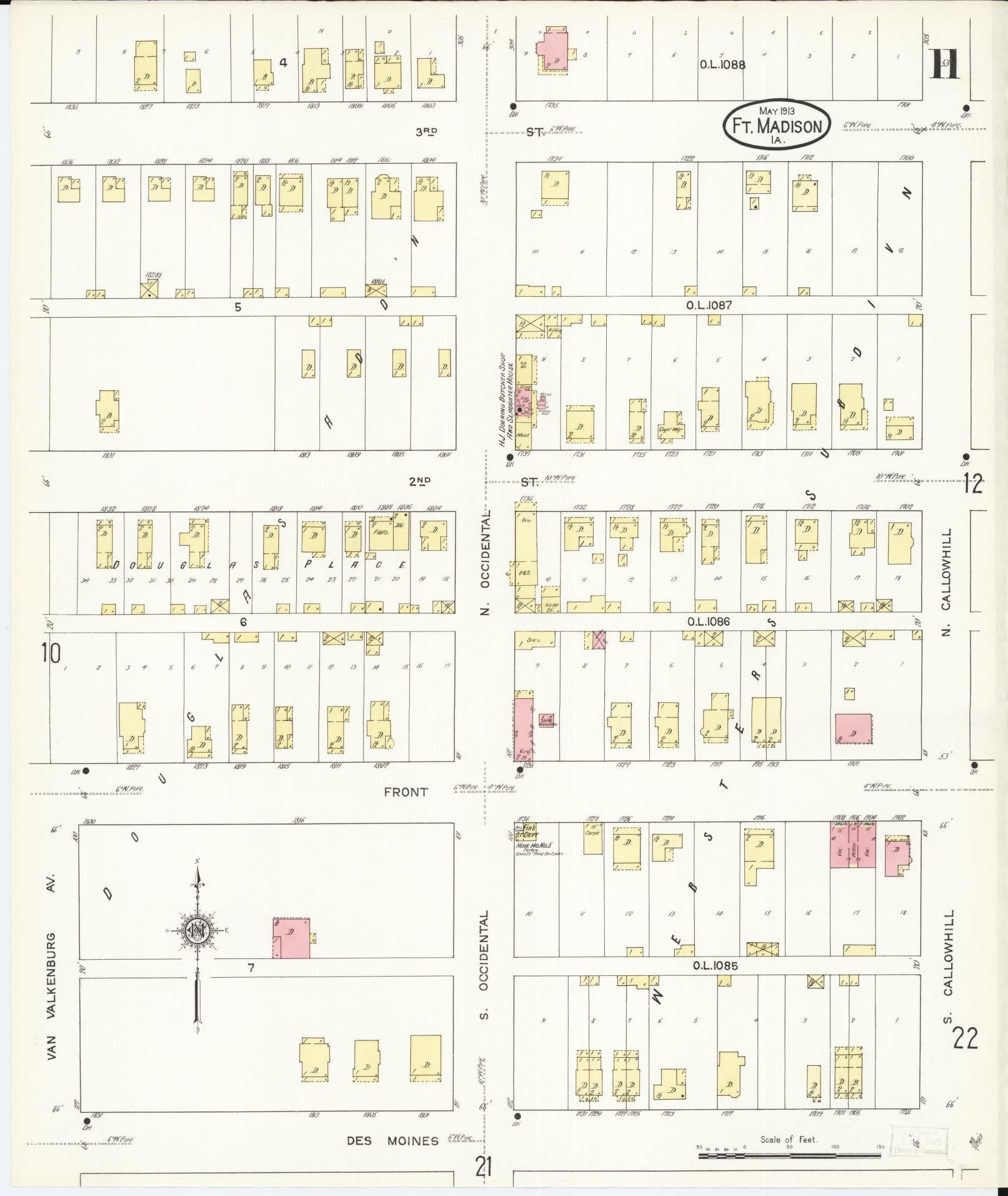 Sanborn Fire Insurance Map from Fort Madison, Lee County, Iowa (1913), Sheet #0011 - Historic Sanborn Fire Insurance Map Print, vintage old map wall art