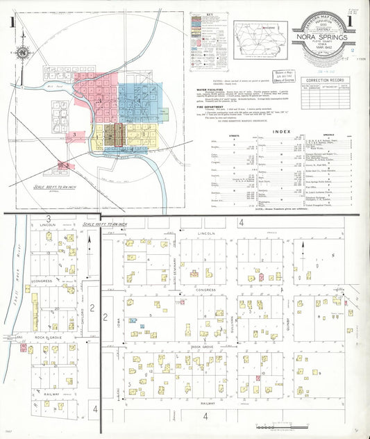 Sanborn Fire Insurance Map from Nora Springs, Floyd County, Iowa (1942), Sheet #0001 - Historic Sanborn Fire Insurance Map Print, vintage old map wall art