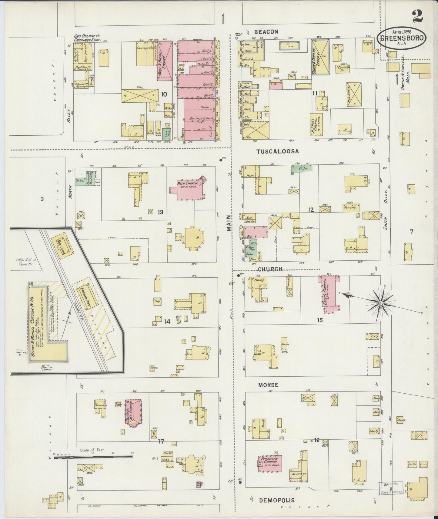 Sanborn Fire Insurance Map from Greensboro, Hale County, Alabama (1898), Sheet #0002 - Historic Sanborn Fire Insurance Map Print, vintage old map wall art, antique decor, genealogy gift, Alabama Alabama map