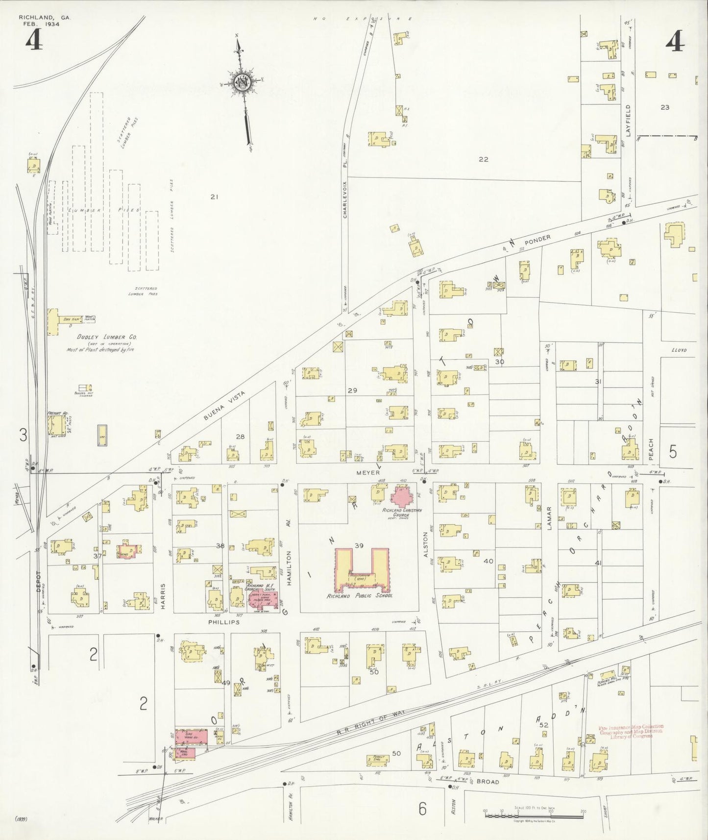 Sanborn Fire Insurance Map from Richland, Stewart County, Georgia (1934), Sheet #0004 - Historic Sanborn Fire Insurance Map Print, vintage old map wall art, antique decor, genealogy gift, Georgia Georgia map