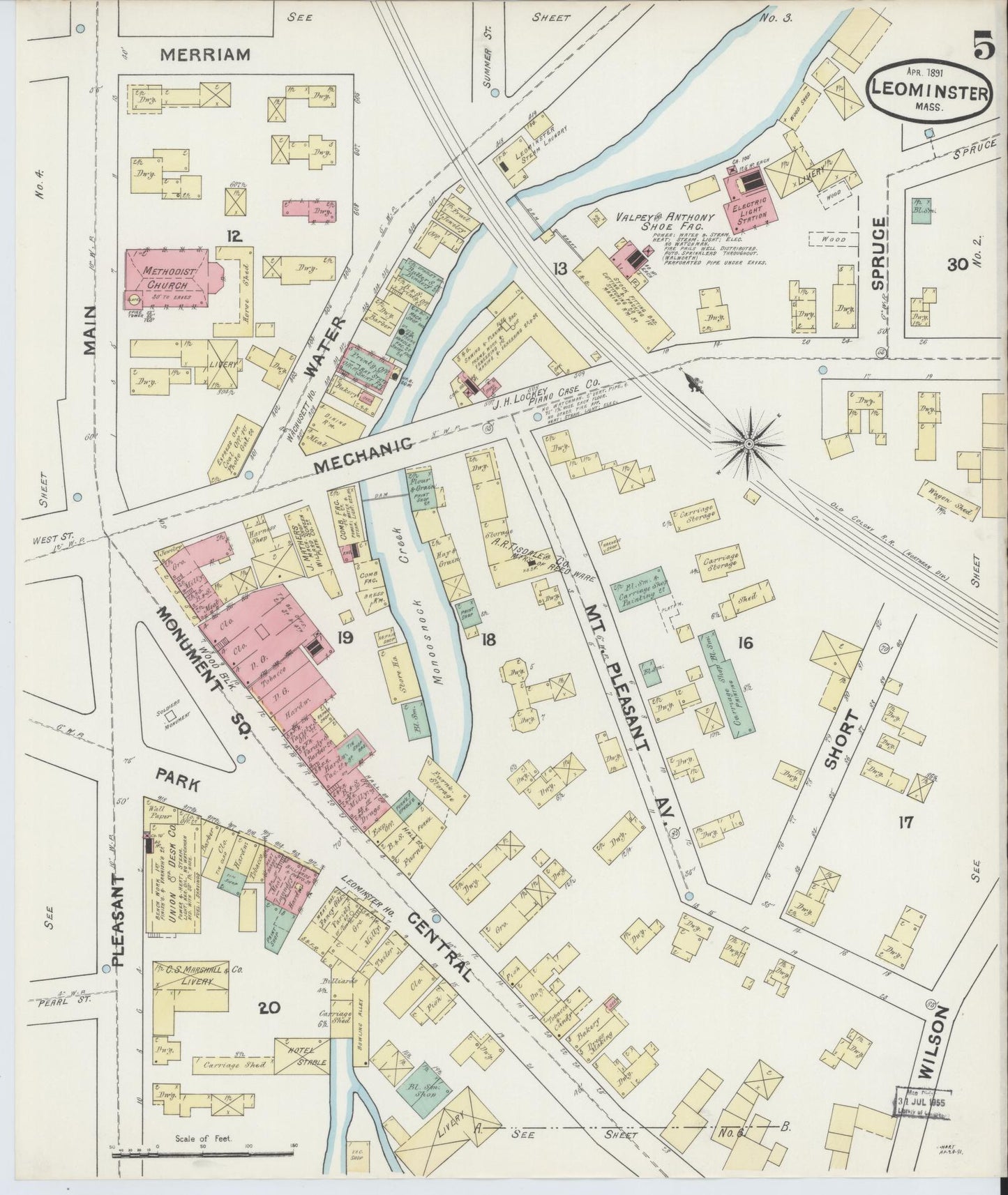 Sanborn Fire Insurance Map from Leominster, Worcester County, Massachusetts (1891), Sheet #0005 - Historic Sanborn Fire Insurance Map Print, vintage old map wall art, antique decor, genealogy gift, Massachusetts Massachusetts map