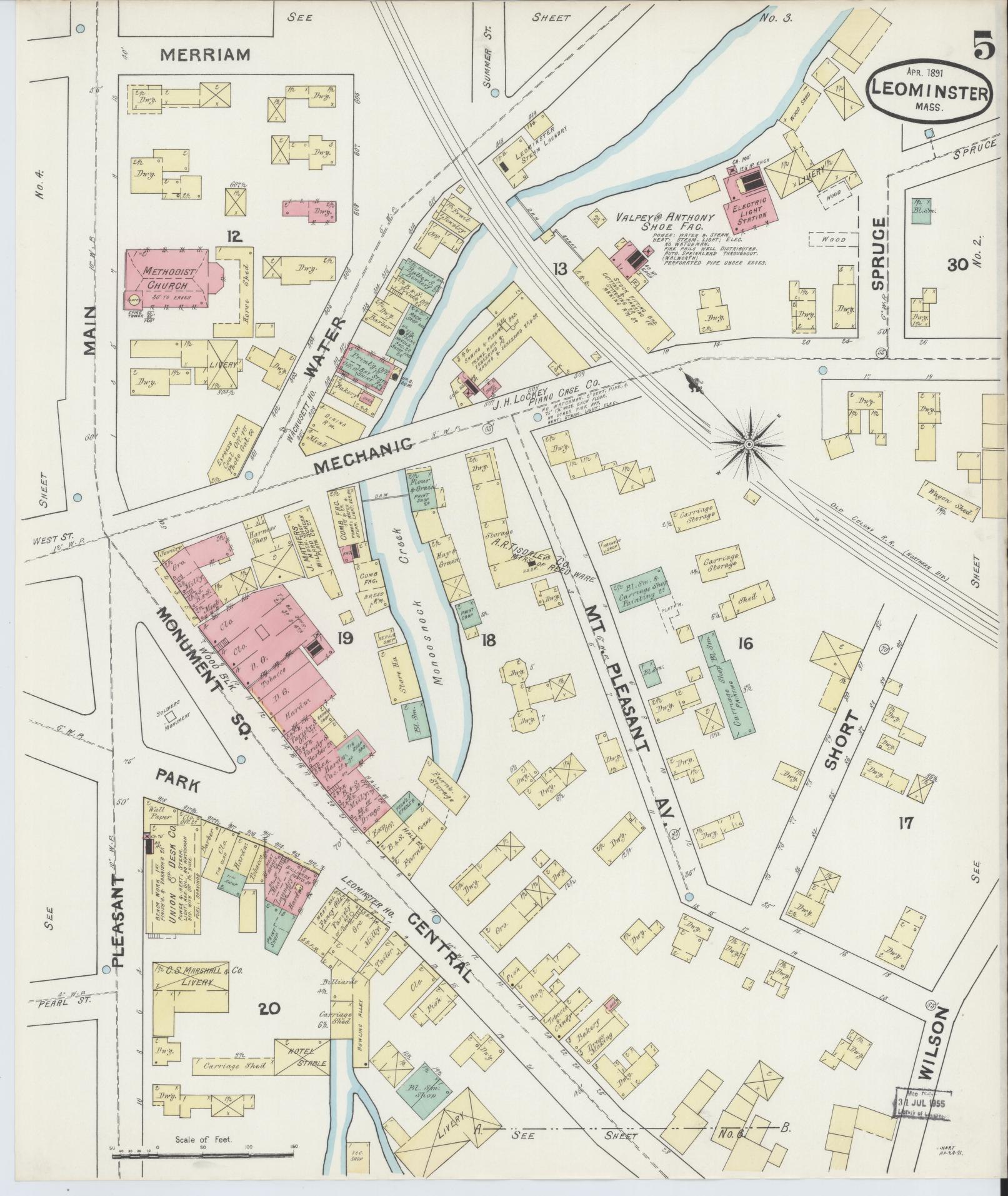 Sanborn Fire Insurance Map from Leominster, Worcester County, Massachusetts (1891), Sheet #0005 - Historic Sanborn Fire Insurance Map Print, vintage old map wall art, antique decor, genealogy gift, Massachusetts Massachusetts map