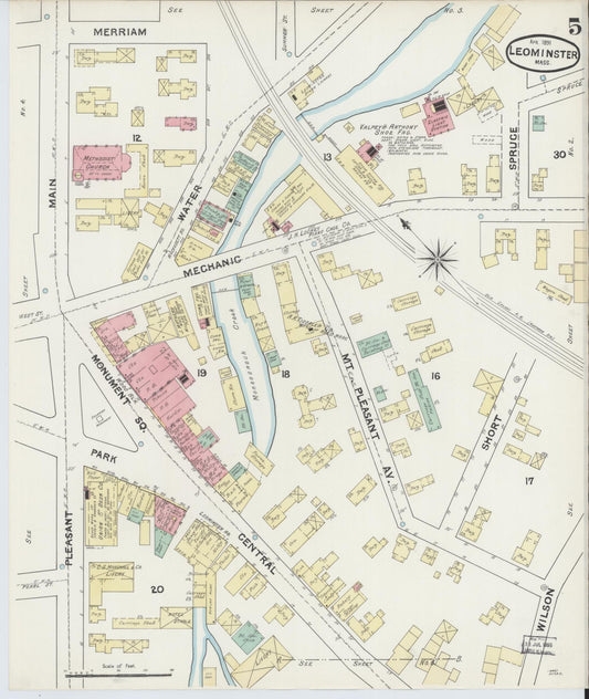 Sanborn Fire Insurance Map from Leominster, Worcester County, Massachusetts (1891), Sheet #0005 - Historic Sanborn Fire Insurance Map Print, vintage old map wall art, antique decor, genealogy gift, Massachusetts Massachusetts map