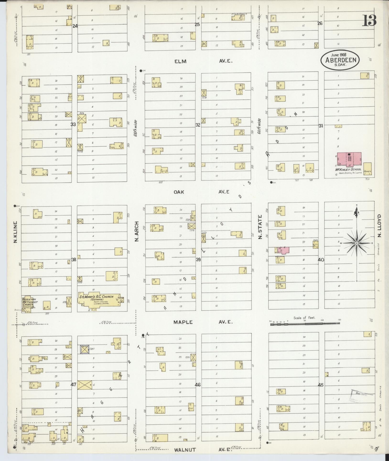 Sanborn Fire Insurance Map from Aberdeen, Brown County, South Dakota (1908), Sheet #0013 - Historic Sanborn Fire Insurance Map Print, vintage old map wall art, antique decor, genealogy gift, South Dakota South Dakota map