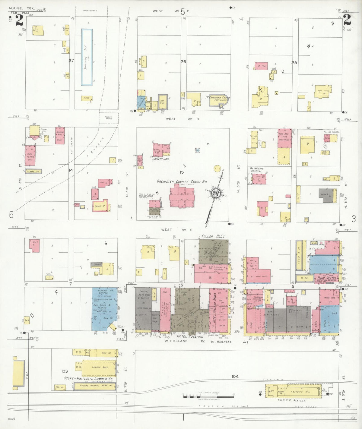 Sanborn Fire Insurance Map from Alpine, Brewster County, Texas (1933), Sheet #0002 - Complete Map Set gallery image, historic Sanborn map, vintage wall art, Texas Texas