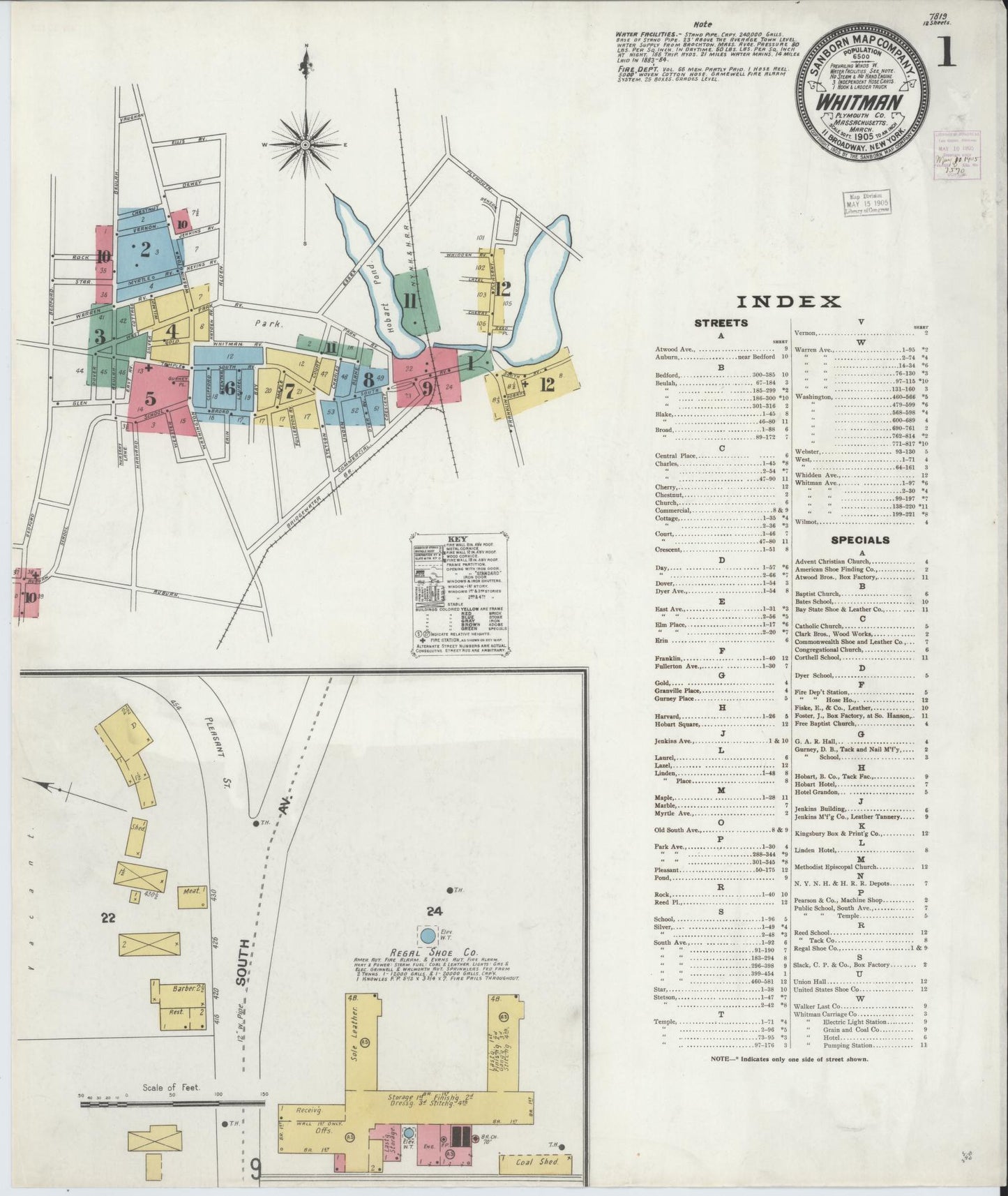 Sanborn Fire Insurance Map from Whitman, Plymouth County, Massachusetts (1905), Sheet #0001 - Complete Map Set gallery image, historic Sanborn map, vintage wall art, Massachusetts Massachusetts