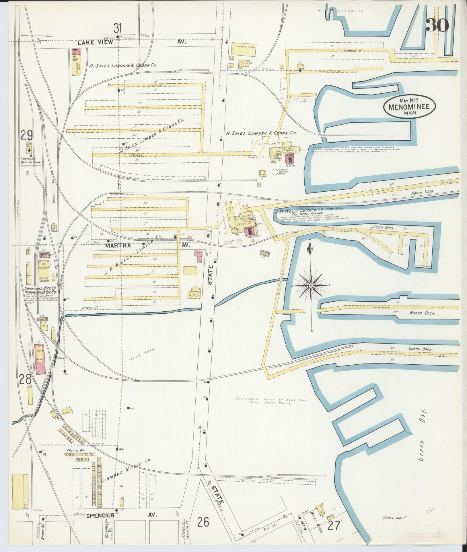 Sanborn Fire Insurance Map from Menominee, Menominee County, Michigan (1907), Sheet #0030 - Historic Sanborn Fire Insurance Map Print, vintage old map wall art, antique decor, genealogy gift, Michigan Michigan map
