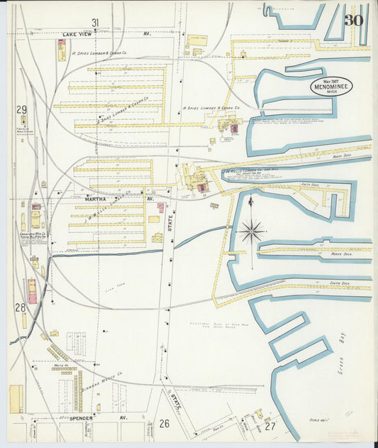 Sanborn Fire Insurance Map from Menominee, Menominee County, Michigan (1907), Sheet #0030 - Historic Sanborn Fire Insurance Map Print, vintage old map wall art, antique decor, genealogy gift, Michigan Michigan map