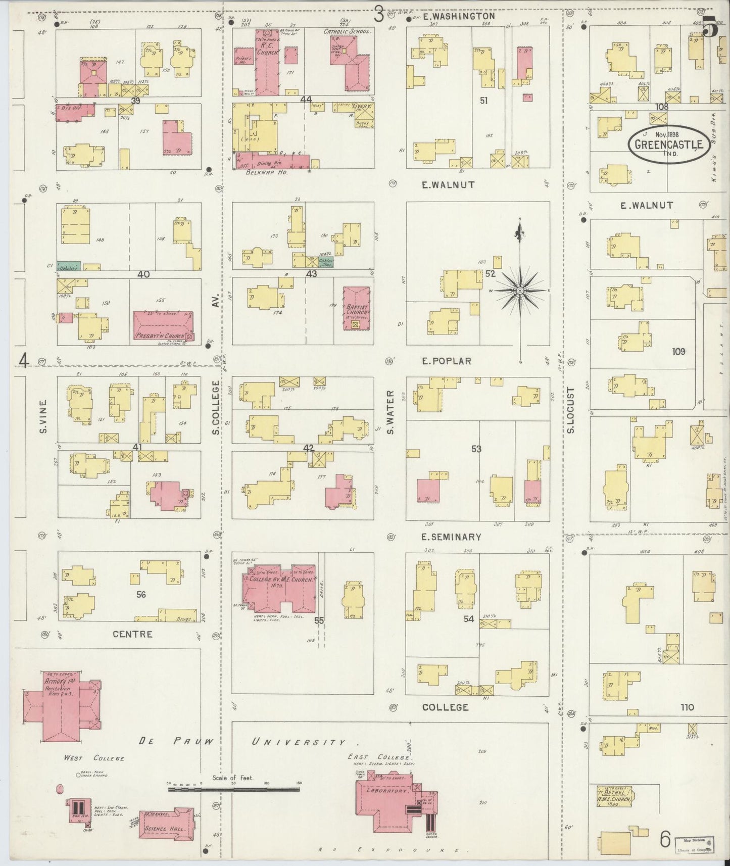 Sanborn Fire Insurance Map from Greencastle, Putnam County, Indiana (1898), Sheet #0005 - Complete Map Set gallery image, historic Sanborn map, vintage wall art, Indiana Indiana