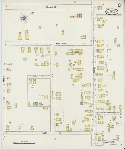 Sanborn Fire Insurance Map from Suffolk, Independent Cities, Virginia (1894), Sheet #0002 - Historic Sanborn Fire Insurance Map Print, vintage old map wall art, antique decor, genealogy gift, Virginia Virginia map