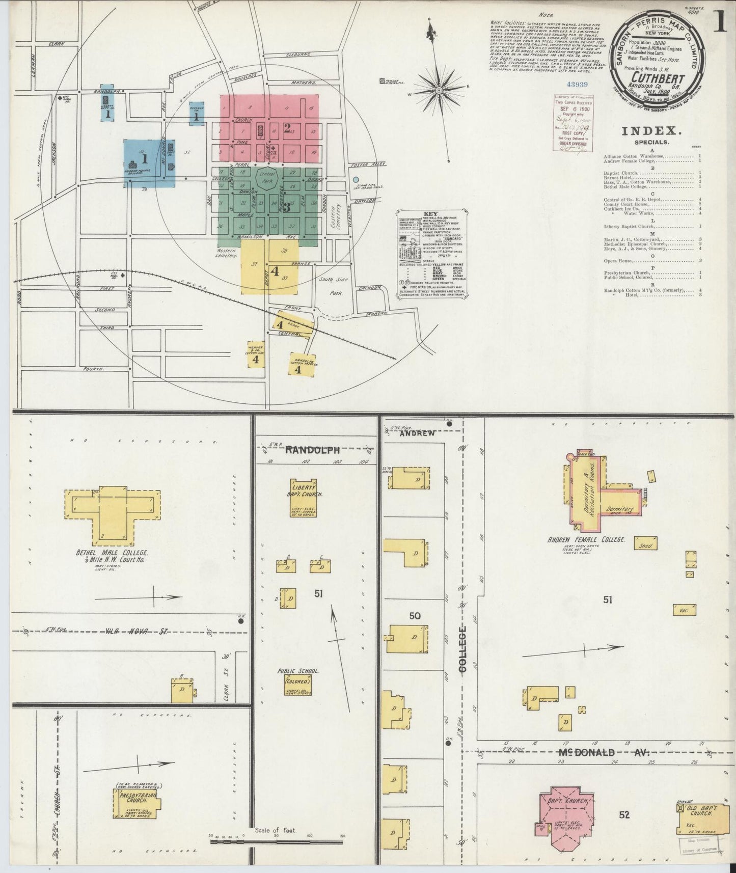 Sanborn Fire Insurance Map from Cuthbert, Randolph County, Georgia (1900), Sheet #0001 - Historic Sanborn Fire Insurance Map Print, vintage old map wall art, antique decor, genealogy gift, Georgia Georgia map