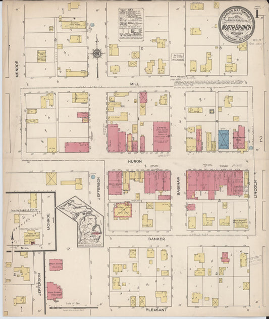 Sanborn Fire Insurance Map from North Branch, Lapeer County, Michigan (1922), Sheet #0001 - Historic Sanborn Fire Insurance Map Print, vintage old map wall art, antique decor, genealogy gift, Michigan Michigan map