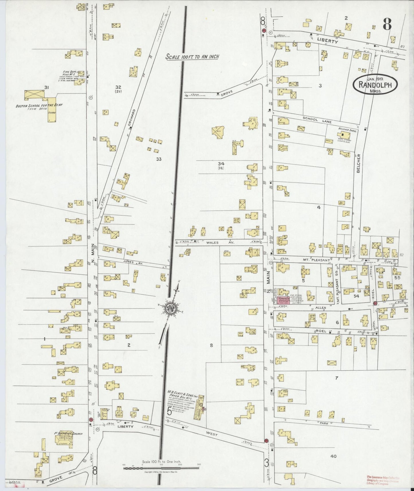 Sanborn Fire Insurance Map from Randolph, Norfolk County, Massachusetts (1919), Sheet #0008 - Historic Sanborn Fire Insurance Map Print, vintage old map wall art, antique decor, genealogy gift, Massachusetts Massachusetts map