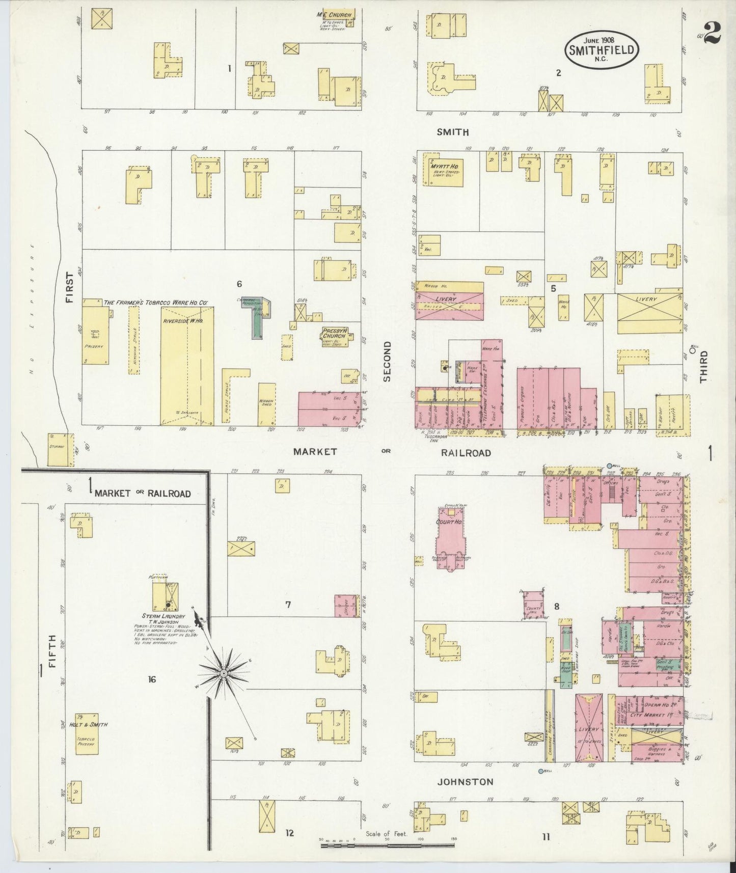 Sanborn Fire Insurance Map from Smithfield, Johnston County, North Carolina (1908), Sheet #0002 - Complete Map Set gallery image, historic Sanborn map, vintage wall art, North Carolina North Carolina