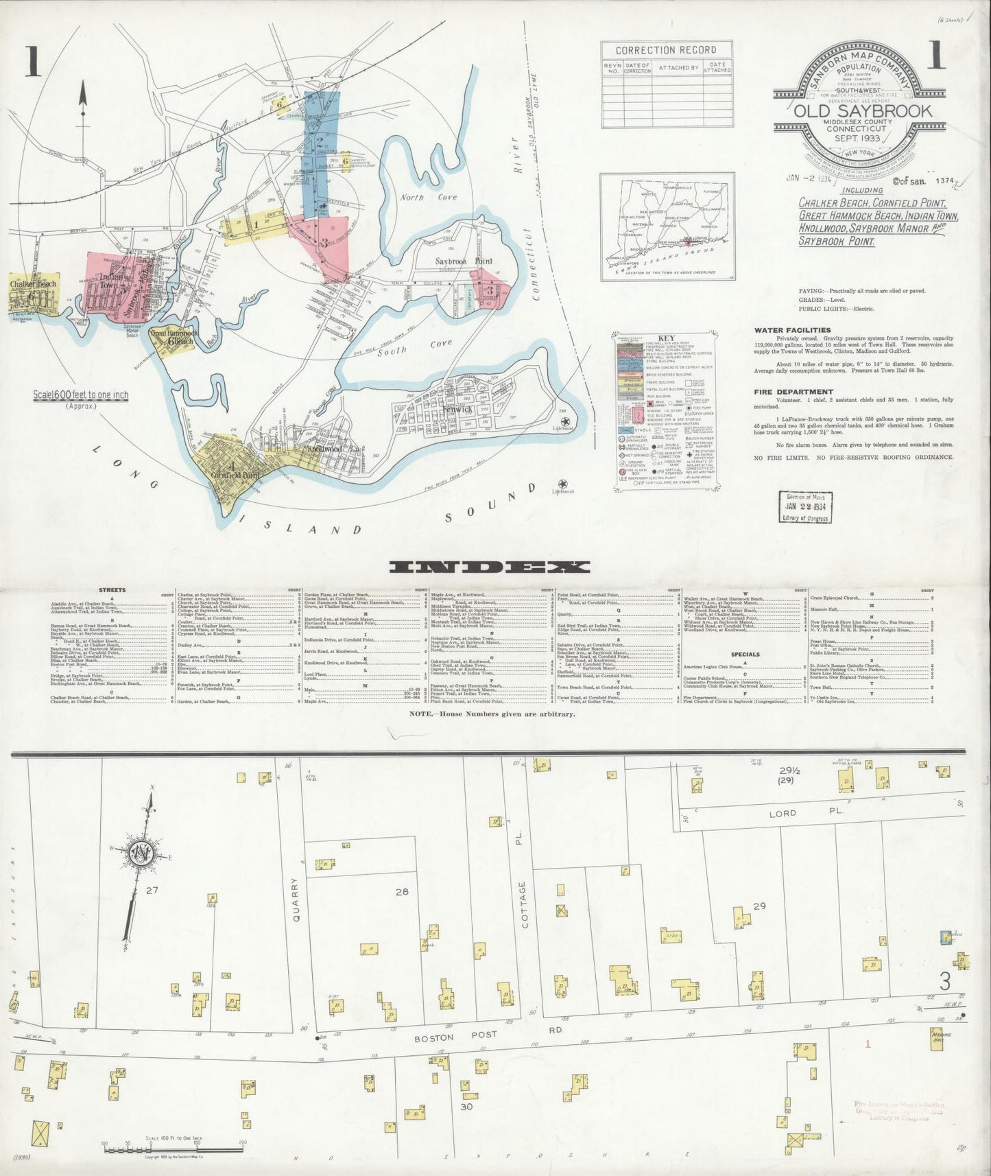 Sanborn Fire Insurance Map from Old Saybrook, Middlesex County, Connecticut (1933), Sheet #0001 - Historic Sanborn Fire Insurance Map Print, vintage old map wall art, antique decor, genealogy gift, Connecticut Connecticut map