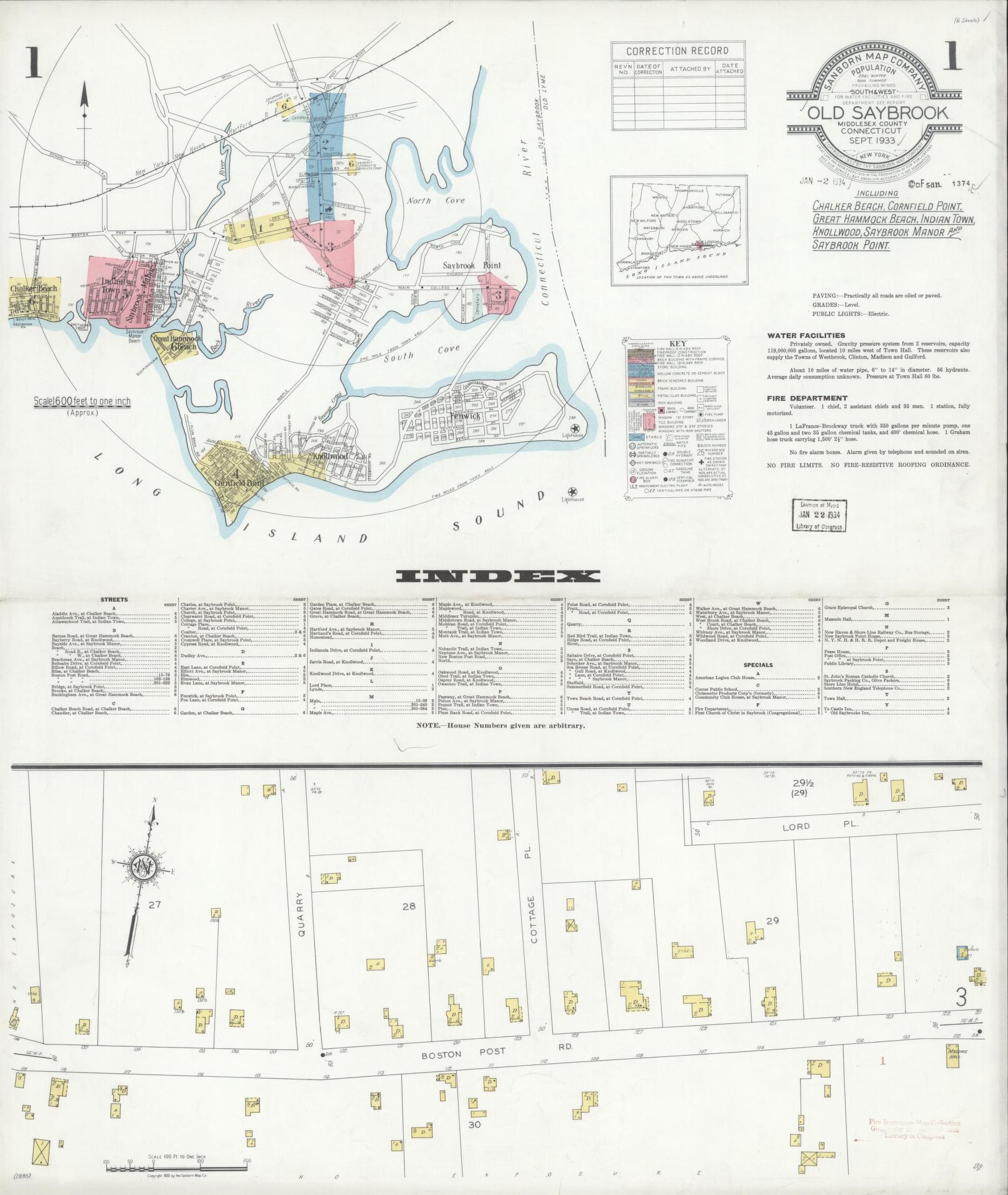 Sanborn Fire Insurance Map from Old Saybrook, Middlesex County, Connecticut (1933), Sheet #0001 - Historic Sanborn Fire Insurance Map Print, vintage old map wall art, antique decor, genealogy gift, Connecticut Connecticut map