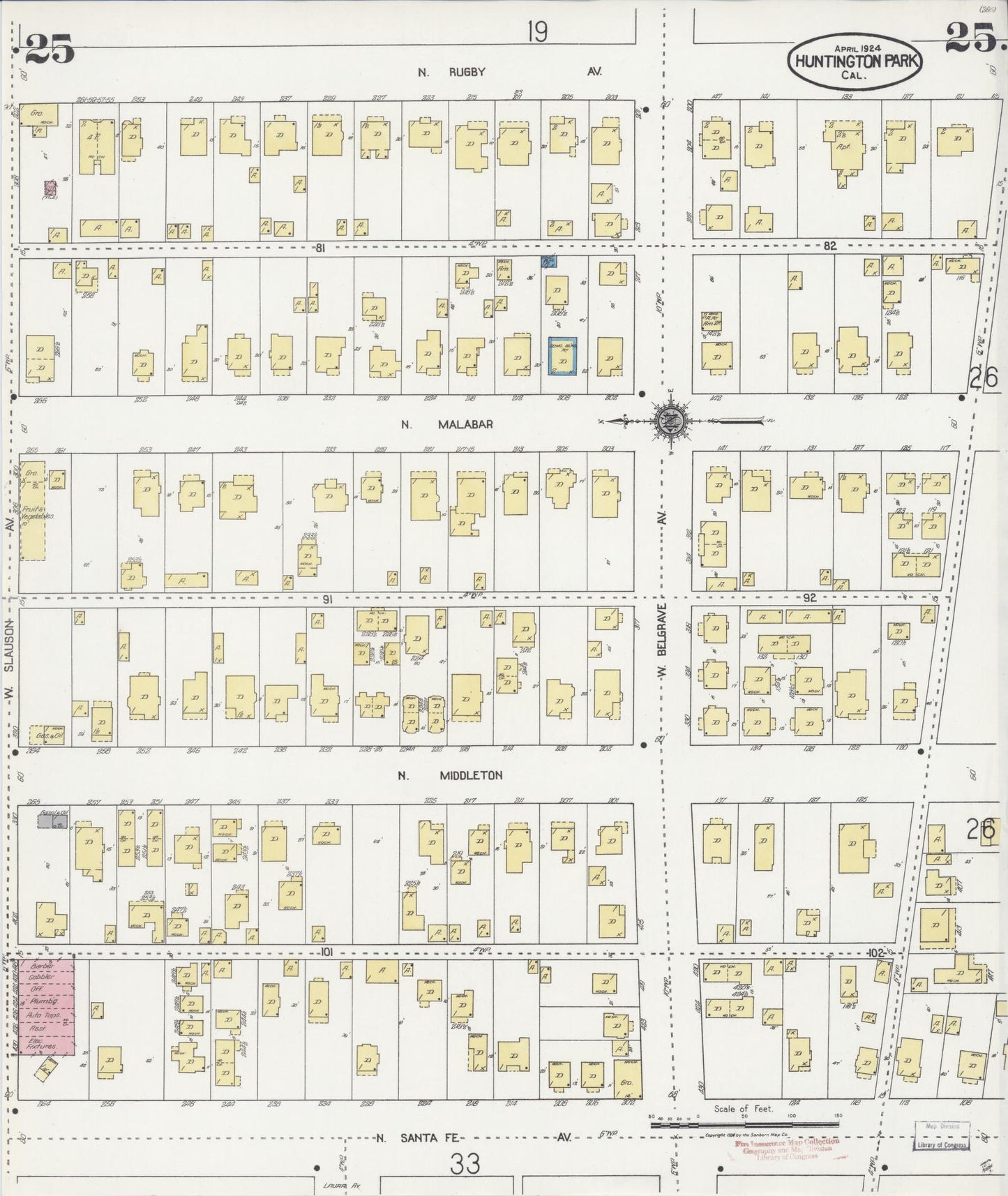 Sanborn Fire Insurance Map from Huntington Park, Los Angeles County, California (1924), Sheet #0025 - Historic Sanborn Fire Insurance Map Print, vintage old map wall art, antique decor, genealogy gift, California California map