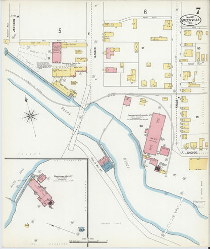 Sanborn Fire Insurance Map from Greenville, Greenville County, South Carolina (1902), Sheet #0007 - Complete Map Set gallery image, historic Sanborn map, vintage wall art, South Carolina South Carolina