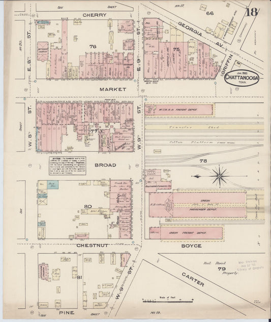 Sanborn Fire Insurance Map from Chattanooga, Hamilton County, Tennessee (1885), Sheet #0018 - Historic Sanborn Fire Insurance Map Print, vintage old map wall art, antique decor, genealogy gift, Tennessee Tennessee map