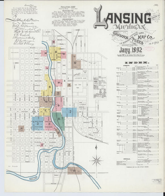 Sanborn Fire Insurance Map from Lansing, Ingham County, Michigan (1892), Sheet #0001 - Historic Sanborn Fire Insurance Map Print, vintage old map wall art, antique decor, genealogy gift, Michigan Michigan map