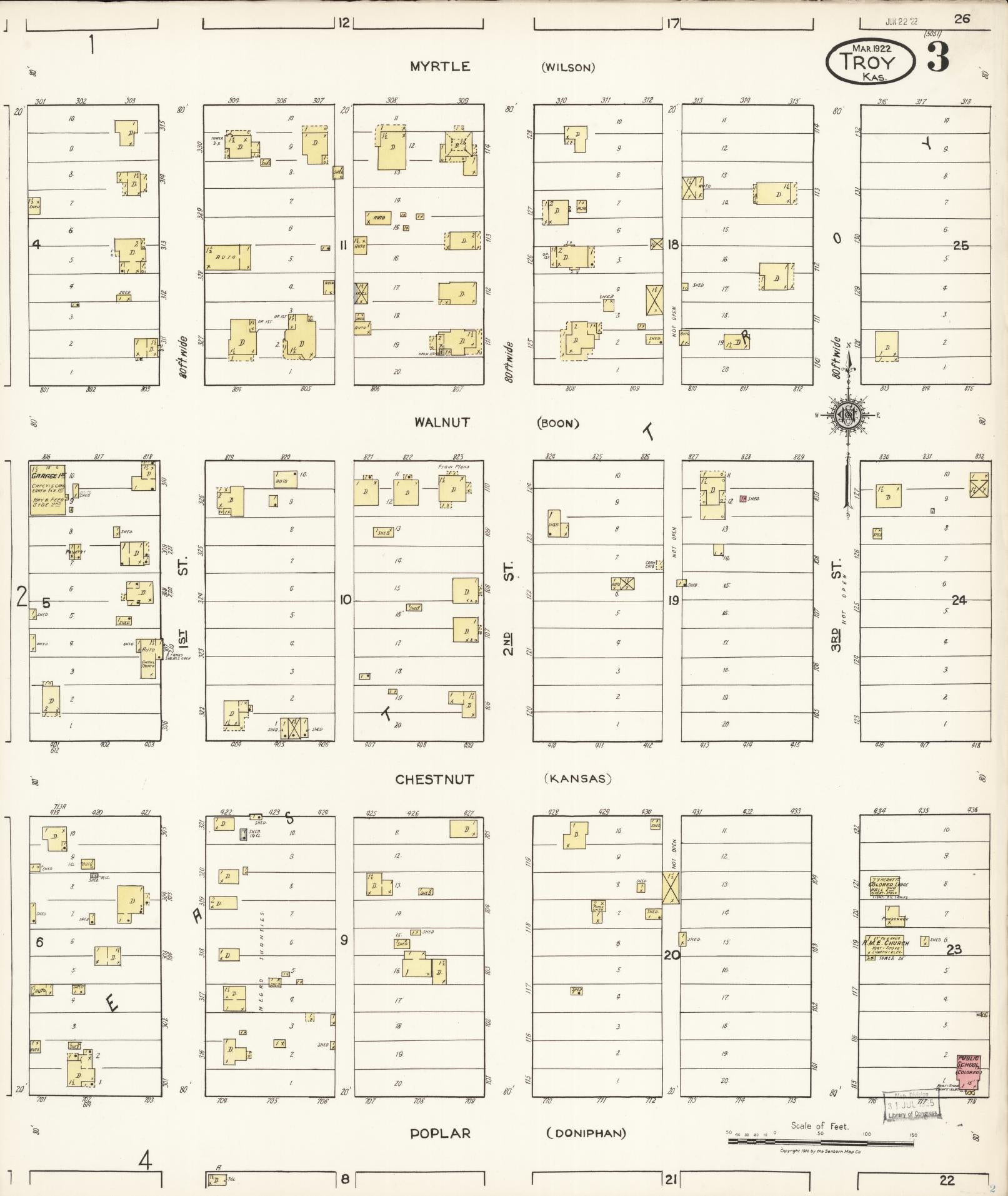 Sanborn Fire Insurance Map from Troy, Doniphan County, Kansas (1922), Sheet #0003 - Complete Map Set gallery image, historic Sanborn map, vintage wall art, Kansas Kansas