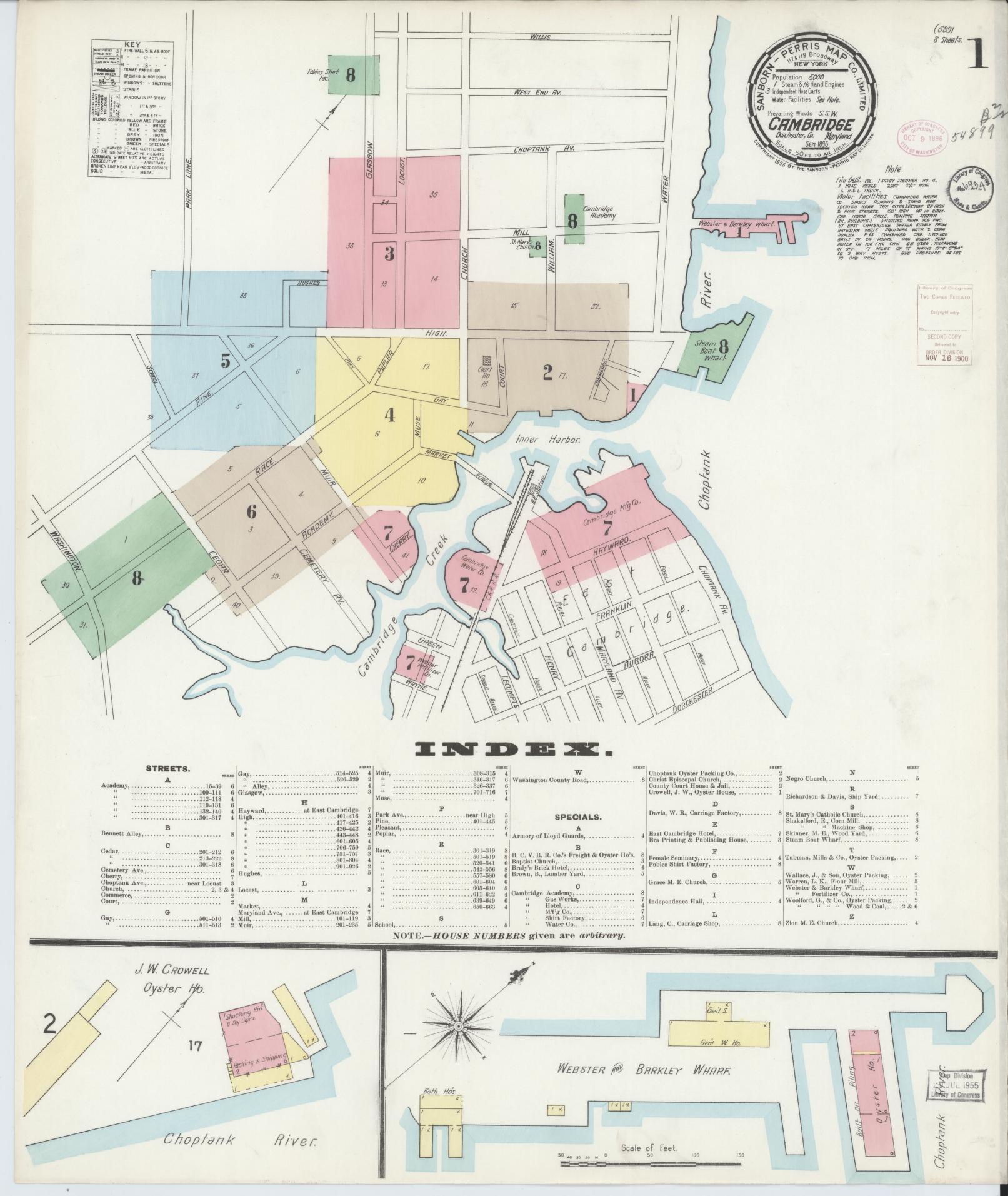Sanborn Fire Insurance Map from Cambridge, Dorchester County, Maryland (1896), Sheet #0001 - Complete Map Set gallery image, historic Sanborn map, vintage wall art, Maryland Maryland