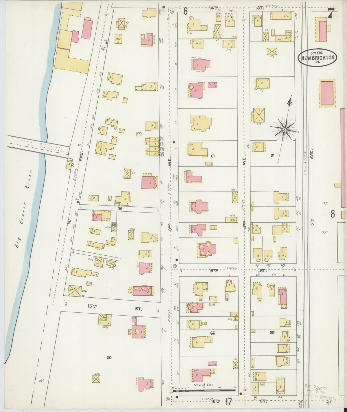 Sanborn Fire Insurance Map from New Brighton, Beaver County, Pennsylvania (1906), Sheet #0007 - Historic Sanborn Fire Insurance Map Print, vintage old map wall art, antique decor, genealogy gift, Pennsylvania Pennsylvania map
