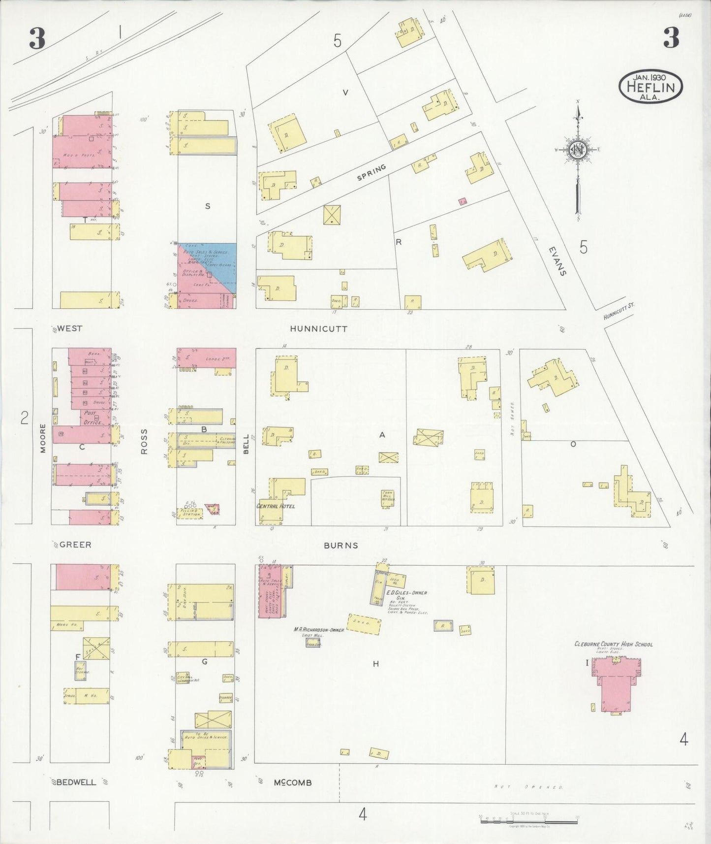 Sanborn Fire Insurance Map from Heflin, Cleburne County, Alabama (1930), Sheet #0003 - Historic Sanborn Fire Insurance Map Print, vintage old map wall art, antique decor, genealogy gift, Alabama Alabama map