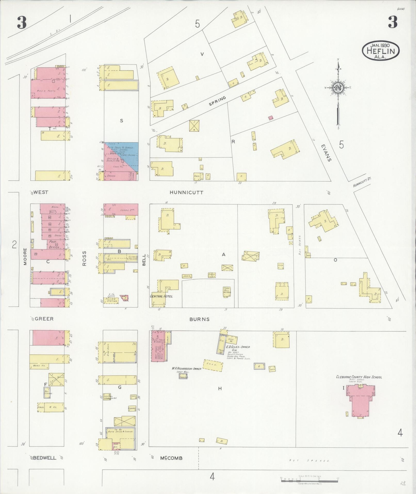 Sanborn Fire Insurance Map from Heflin, Cleburne County, Alabama (1930), Sheet #0003 - Historic Sanborn Fire Insurance Map Print, vintage old map wall art, antique decor, genealogy gift, Alabama Alabama map