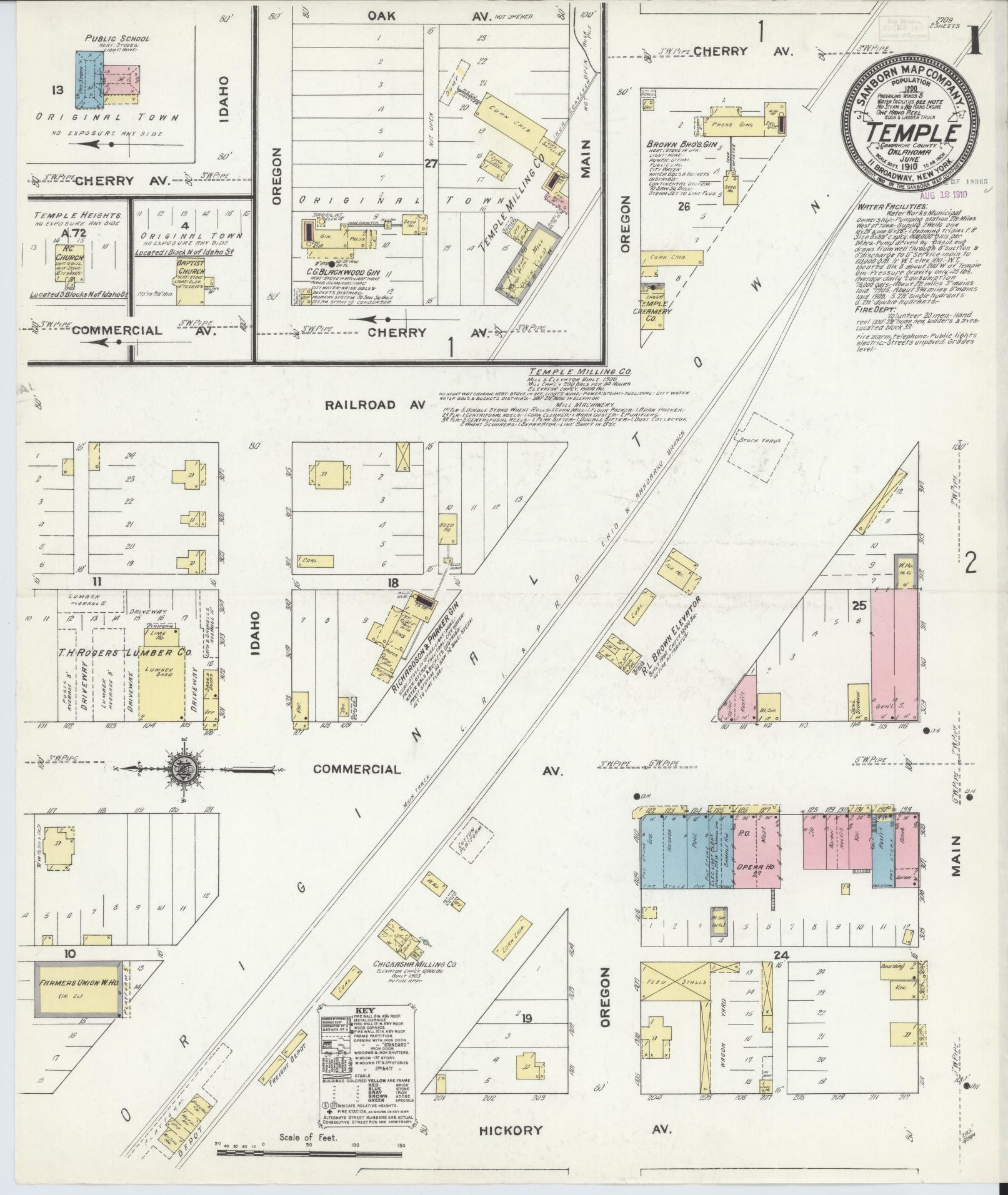 Sanborn Fire Insurance Map from Temple, Cotton County, Oklahoma (1910), Sheet #0001 - Complete Map Set gallery image, historic Sanborn map, vintage wall art, Oklahoma Oklahoma