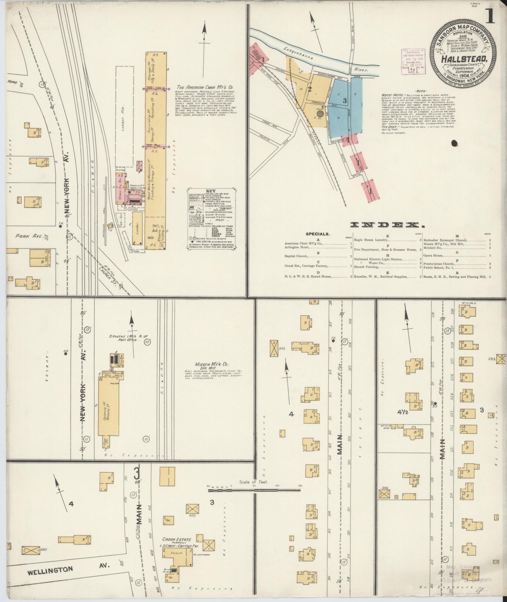 Sanborn Fire Insurance Map from Hallstead, Susquehanna County, Pennsylvania (1904), Sheet #0001 - Historic Sanborn Fire Insurance Map Print, vintage old map wall art, antique decor, genealogy gift, Pennsylvania Pennsylvania map