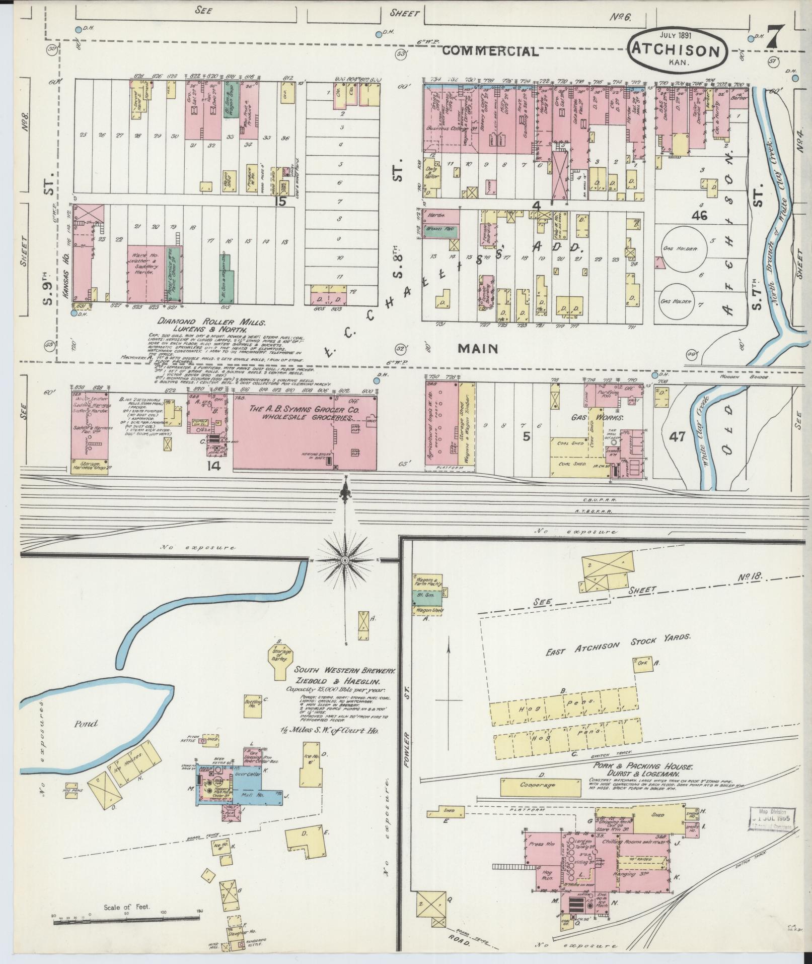 Sanborn Fire Insurance Map from Atchison, Atchison County, Kansas (1891), Sheet #0007 - Historic Sanborn Fire Insurance Map Print, vintage old map wall art, antique decor, genealogy gift, Kansas Kansas map