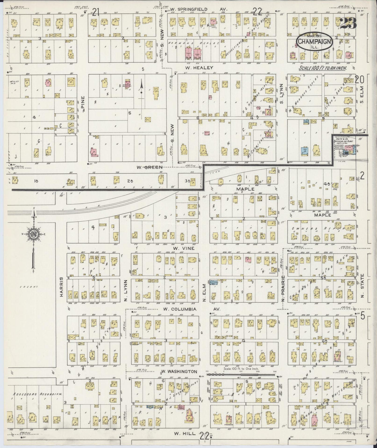 Sanborn Fire Insurance Map from Champaign, Champaign County, Illinois (1915), Sheet #0023 - Complete Map Set gallery image, historic Sanborn map, vintage wall art, Illinois Illinois