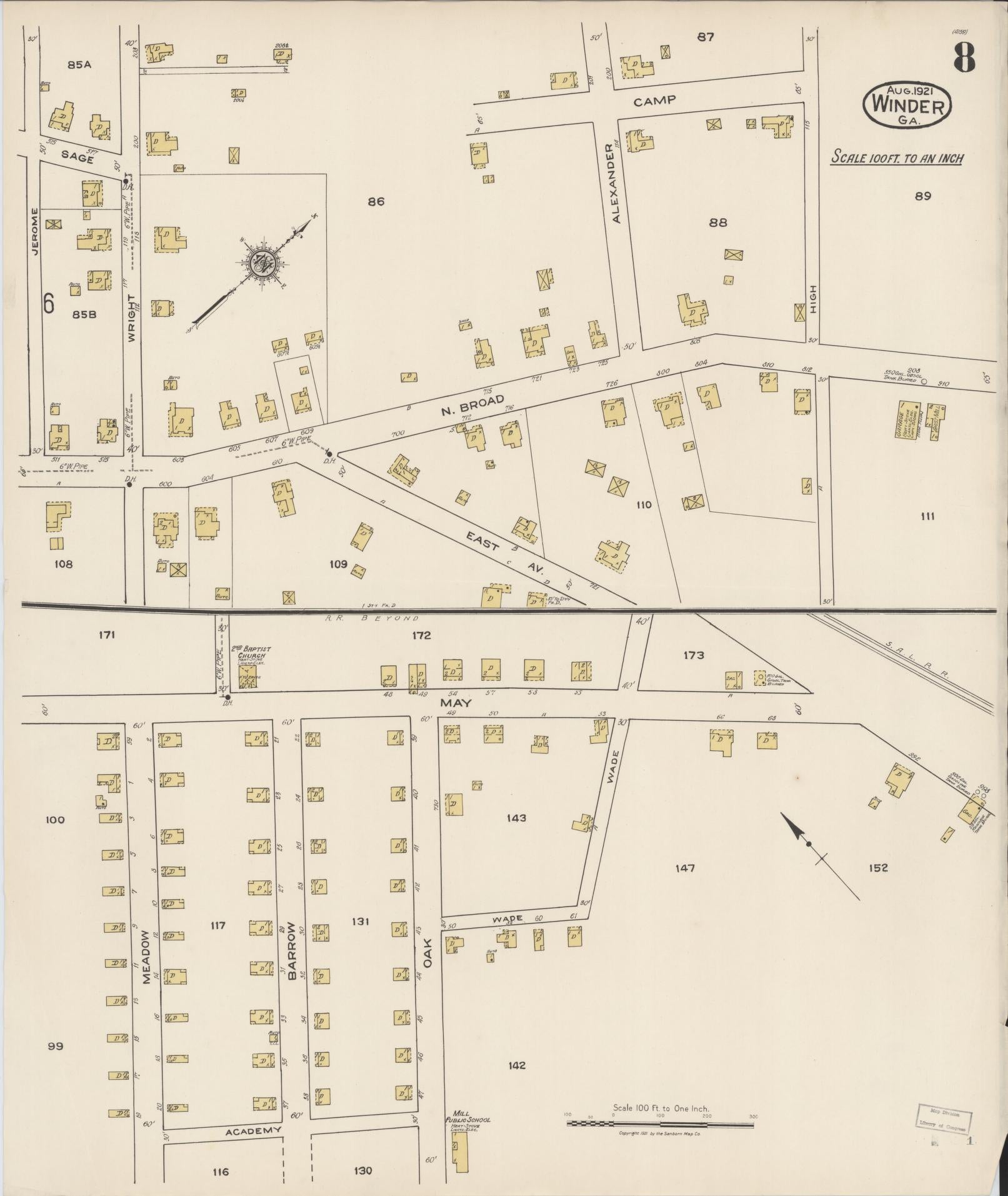 Sanborn Fire Insurance Map from Winder, Barrow County, Georgia (1921), Sheet #0008 - Complete Map Set gallery image, historic Sanborn map, vintage wall art, Georgia Georgia