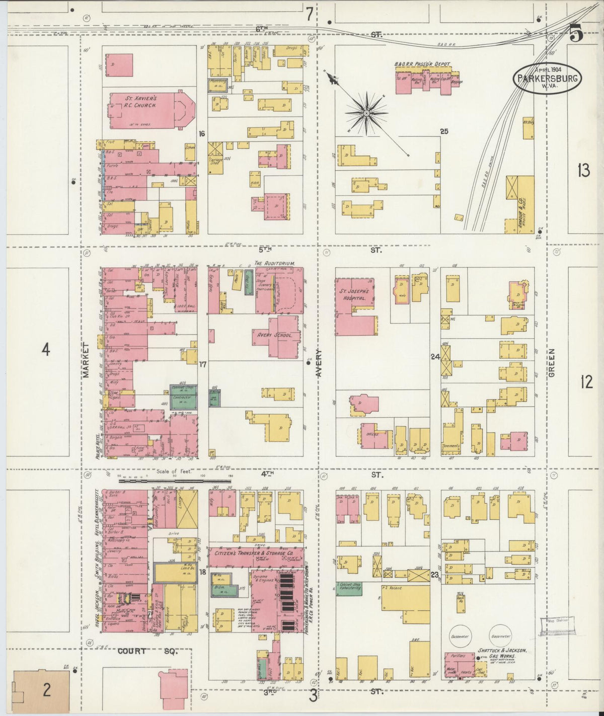 Sanborn Fire Insurance Map from Parkersburg, Wood County, West Virginia (1904), Sheet #0005 - Historic Sanborn Fire Insurance Map Print, vintage old map wall art, antique decor, genealogy gift, West Virginia West Virginia map