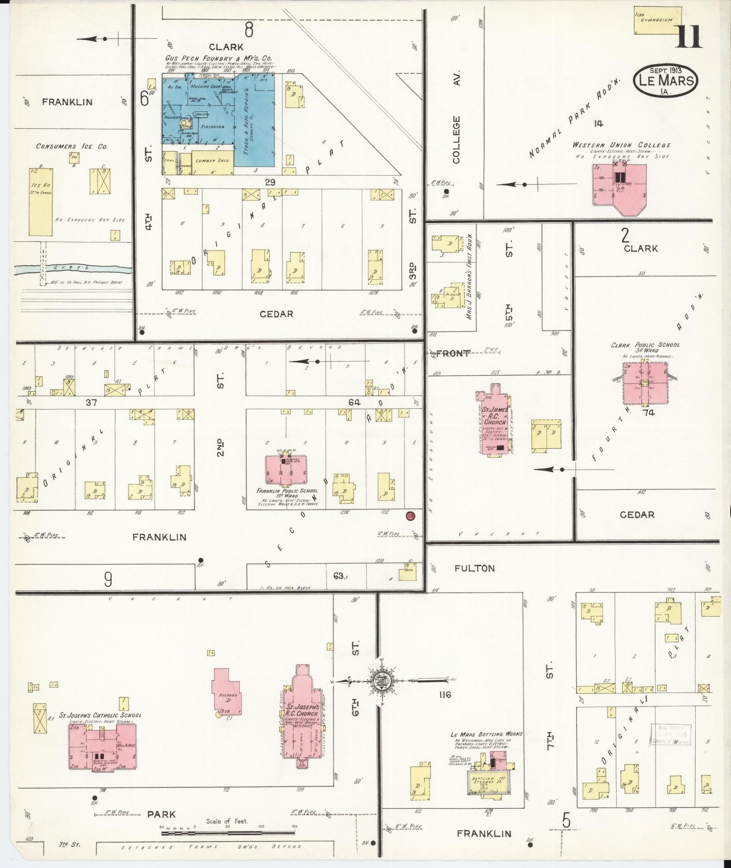 Sanborn Fire Insurance Map from Le Mars, Plymouth County, Iowa (1913), Sheet #0011 - Historic Sanborn Fire Insurance Map Print, vintage old map wall art