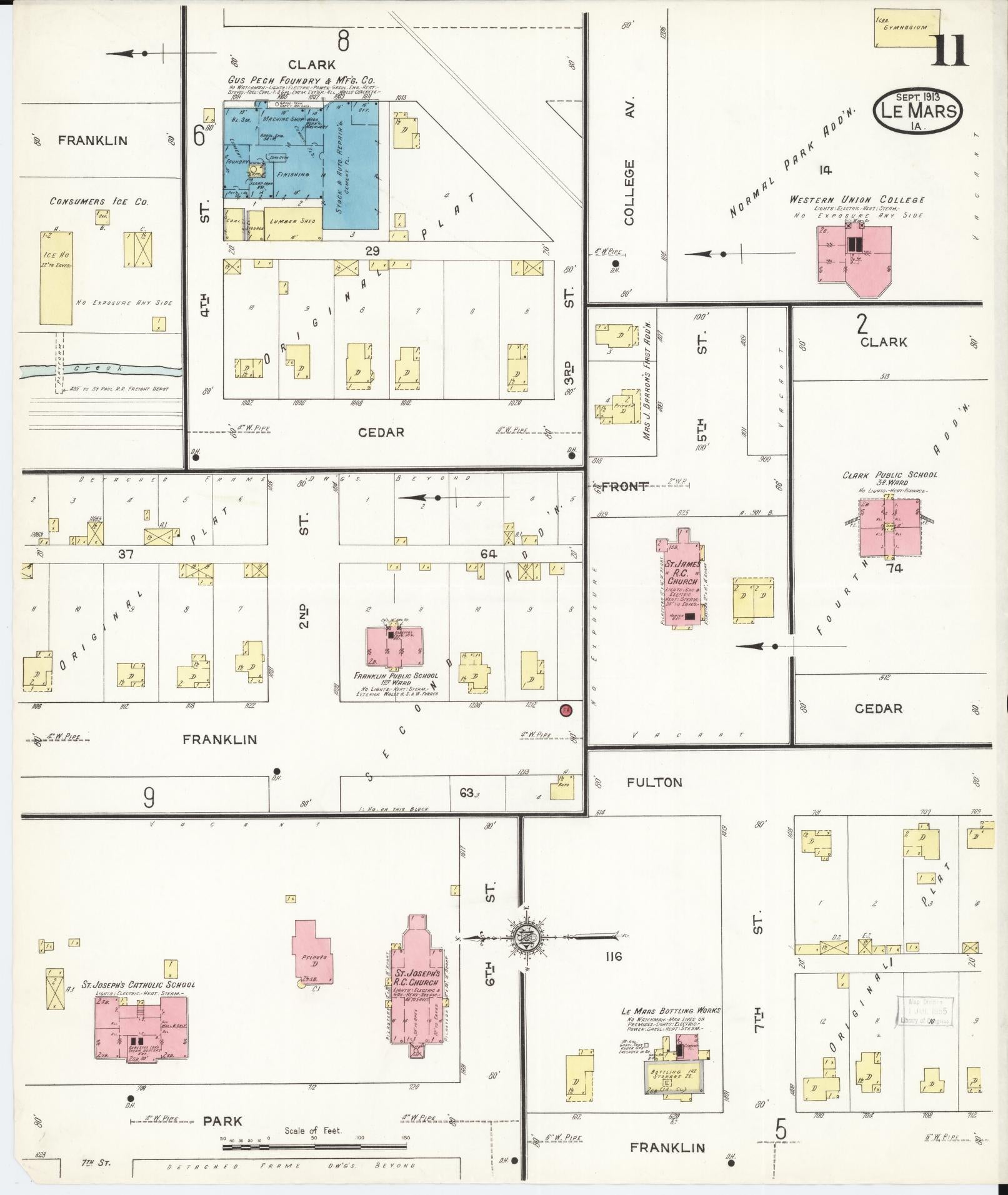 Sanborn Fire Insurance Map from Le Mars, Plymouth County, Iowa (1913), Sheet #0011 - Historic Sanborn Fire Insurance Map Print, vintage old map wall art