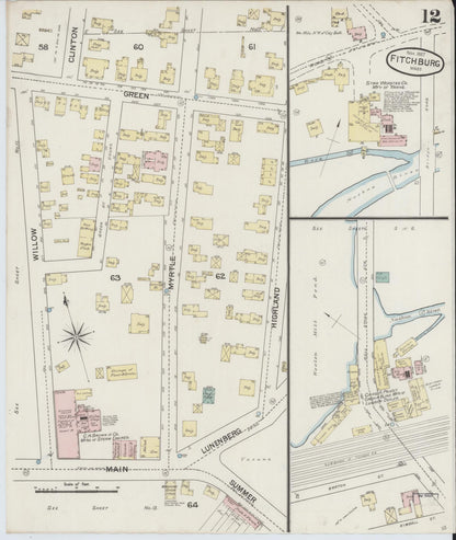 Sanborn Fire Insurance Map from Fitchburg, Worcester County, Massachusetts (1887), Sheet #0012 - Historic Sanborn Fire Insurance Map Print, vintage old map wall art, antique decor, genealogy gift, Massachusetts Massachusetts map