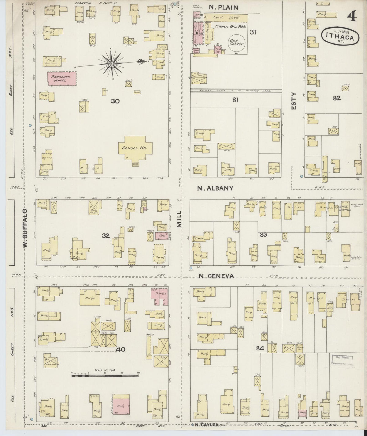 Sanborn Fire Insurance Map from Ithaca, Tompkins County, New York (1888), Sheet #0004 - Complete Map Set gallery image, historic Sanborn map, vintage wall art, New York New York
