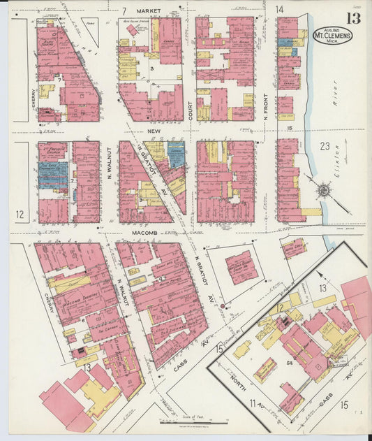 Sanborn Fire Insurance Map from Mount Clemens, Macomb County, Michigan (1921), Sheet #0013 - Historic Sanborn Fire Insurance Map Print, vintage old map wall art, antique decor, genealogy gift, Michigan Michigan map
