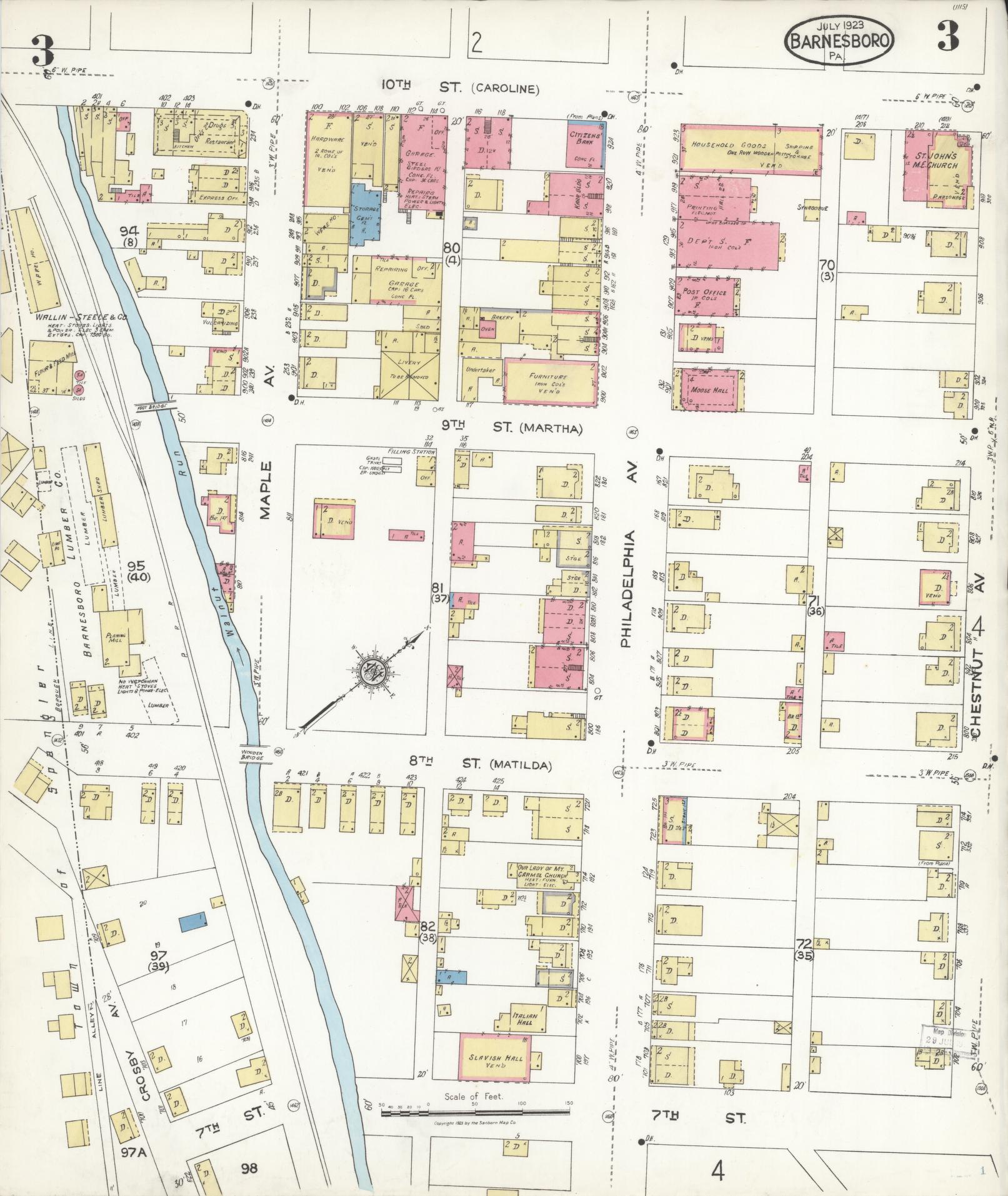 Sanborn Fire Insurance Map from Barnesboro, Cambria County, Pennsylvania (1923), Sheet #0003 - Historic Sanborn Fire Insurance Map Print, vintage old map wall art, antique decor, genealogy gift, Pennsylvania Pennsylvania map