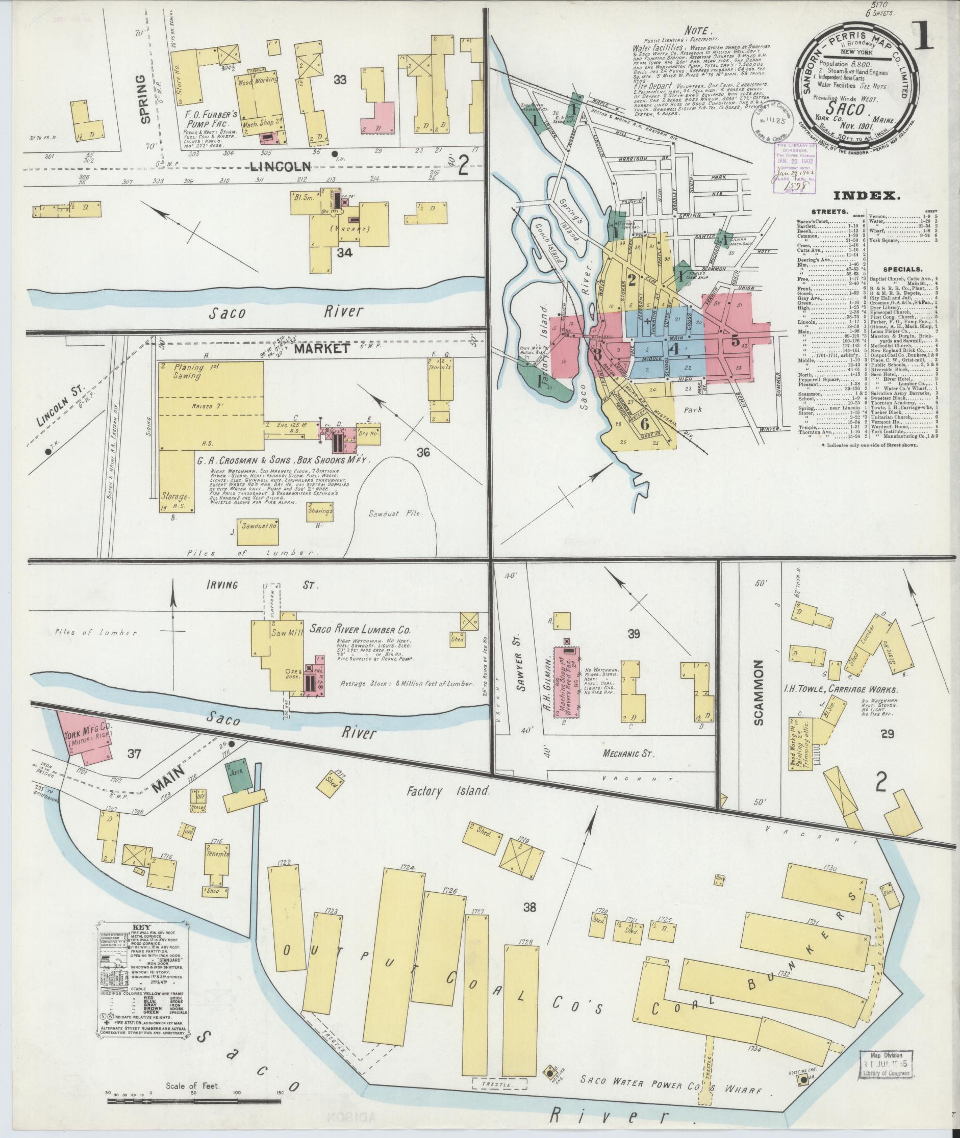 Sanborn Fire Insurance Map from Saco, York County, Maine (1901), Sheet #0001 - Complete Map Set gallery image, historic Sanborn map, vintage wall art, Maine Maine