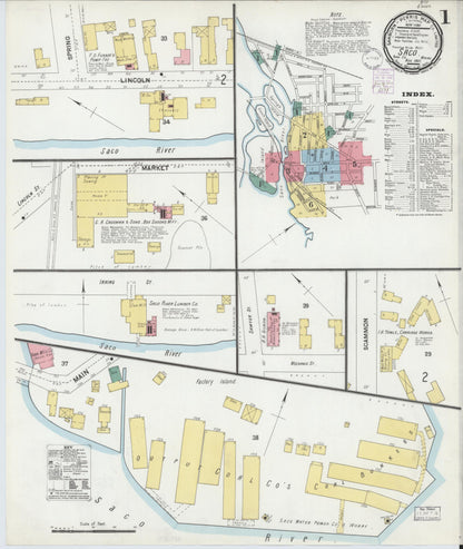 Sanborn Fire Insurance Map from Saco, York County, Maine (1901), Sheet #0001 - Complete Map Set gallery image, historic Sanborn map, vintage wall art, Maine Maine