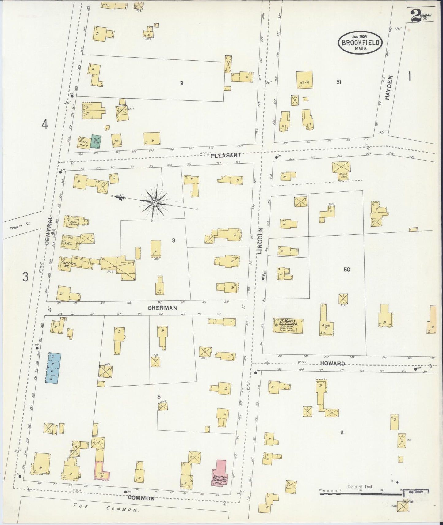 Sanborn Fire Insurance Map from Brookfield, Worcester County, Massachusetts (1904), Sheet #0002 - Historic Sanborn Fire Insurance Map Print, vintage old map wall art, antique decor, genealogy gift, Massachusetts Massachusetts map